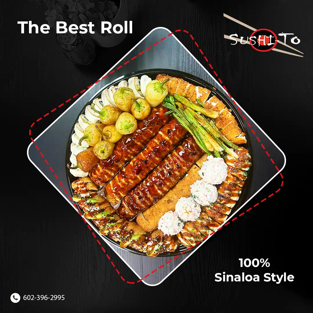 Sushi-To's Best Roll party tray, Sinaloa style